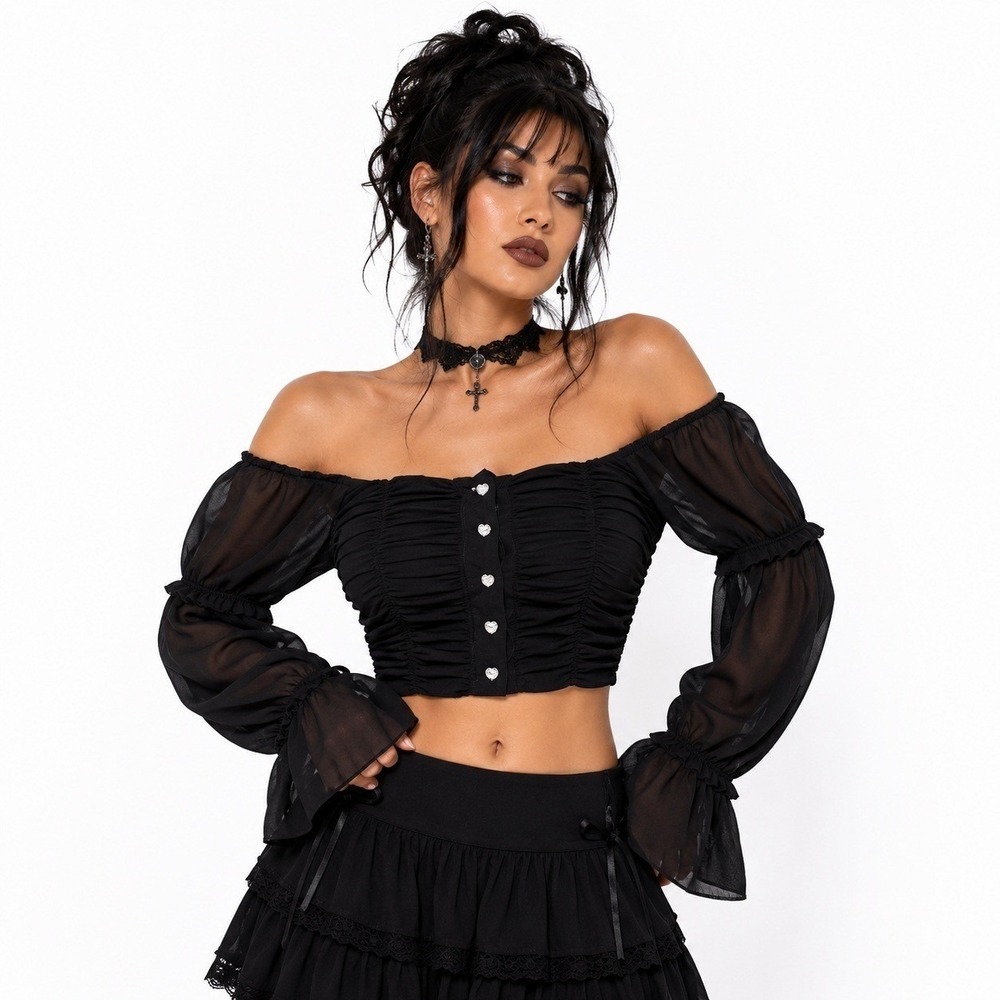 NWT Parisian Dark Romantic Ruched Button Crop Top Black Goth Bell Sleeve Size 10